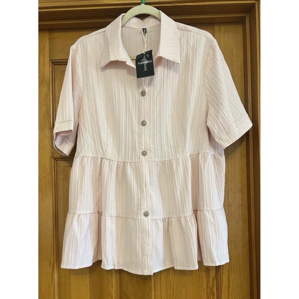 Flamingals Women's Pink Blouse Button Up Tier Sz 2XL